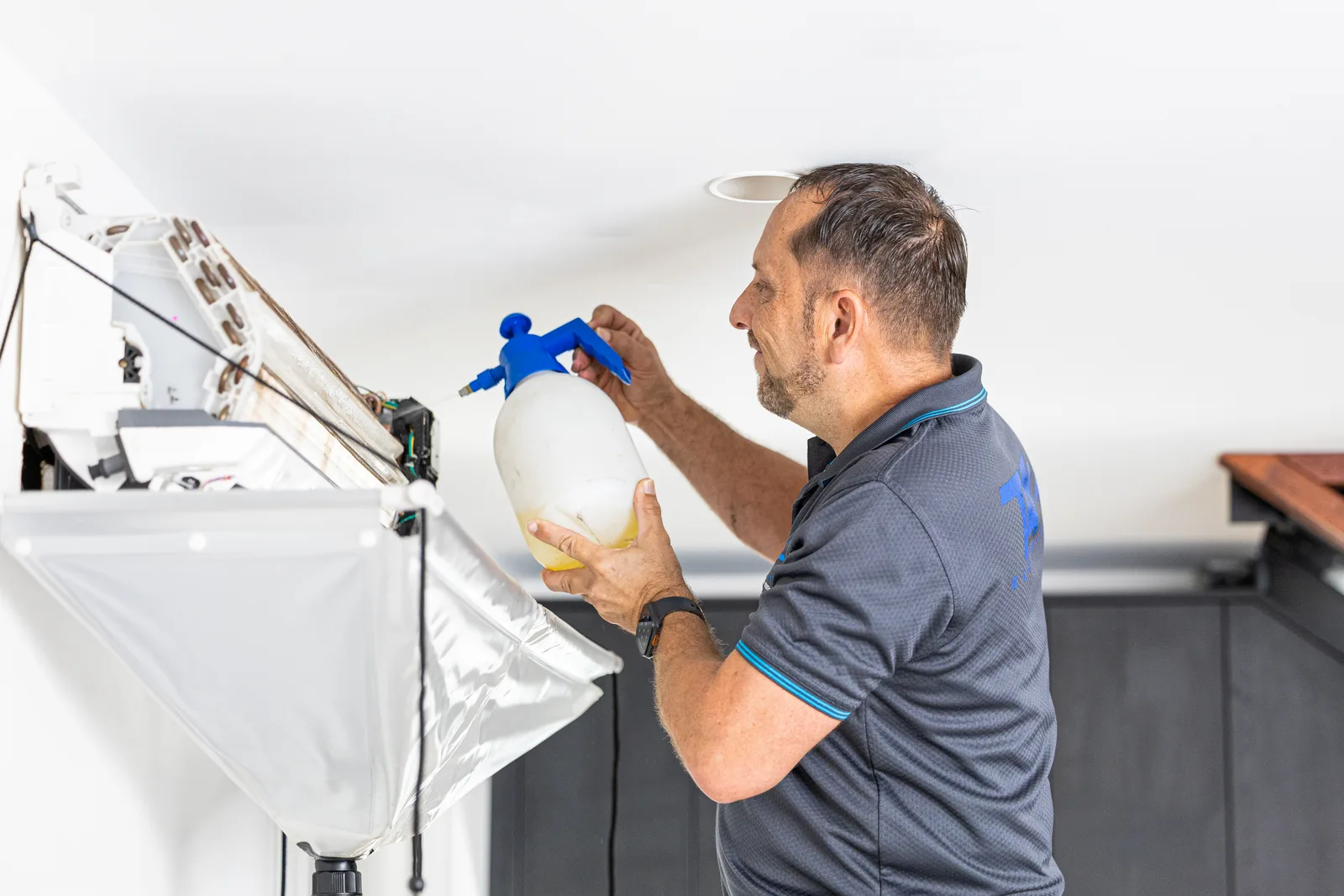 Split system air conditioner getting a deep clean